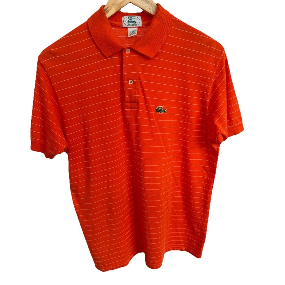 Vintage Izod Lacoste Mens Size Medium Orange Striped Short Sleeve Polo Shirt
